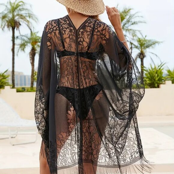 Cover Up Swimsuit Pool Black Sheer Fringe Sexy Vacation Beach Trendy Stylish Fun - Picture 4 of 5